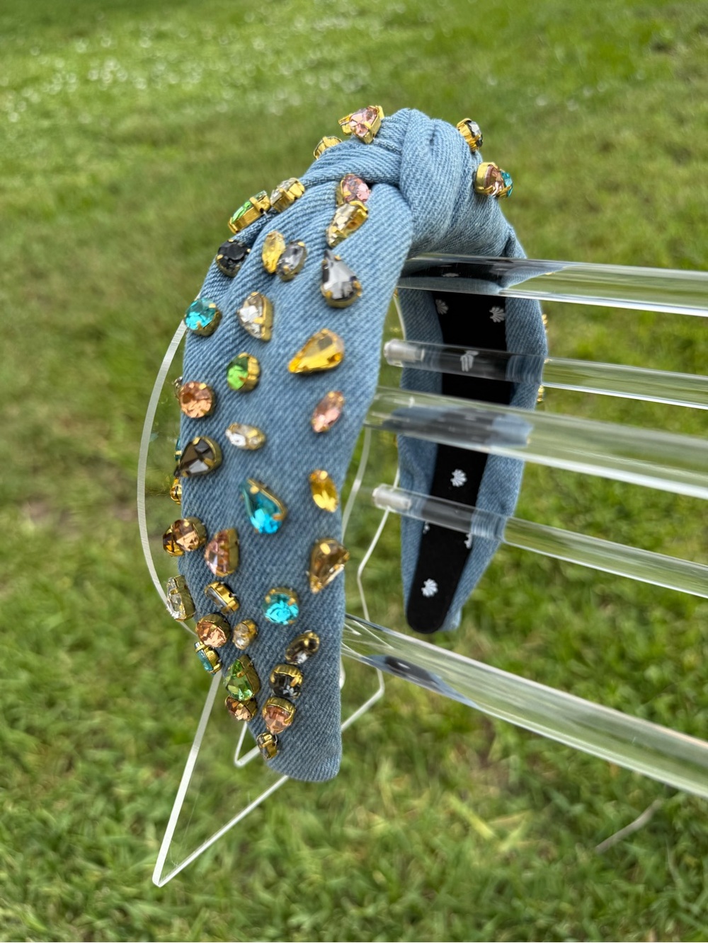 Lele Sadoughi Denim Candy Crystal Embellished Blue Jeweled Knotted Headband